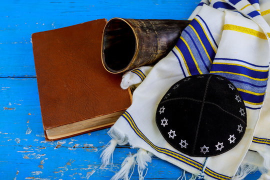 Prayer Shawl - Tallit and Shofar horn jewish religious symbol