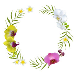 Tropical flowers. Orchids. Floral background. Border. Plumeria. Palm leaves. Exotic plants. Color. Bright. Isolated. Wreath.
