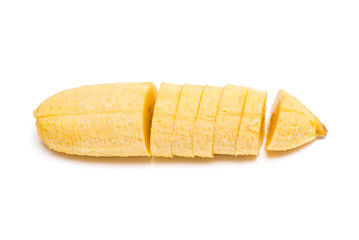 Banana baby slices and whole isolated on a white background. Flat lay, top view. Yellow Fruit