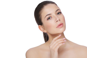 Portrait of a beautiful young woman, skin care and hands with manicure.