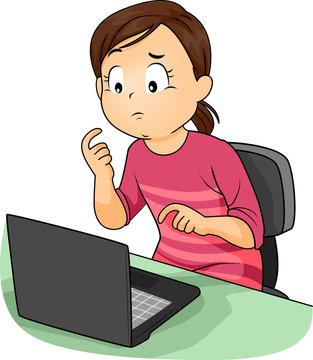 Kid Girl Laptop Thinking Illustration