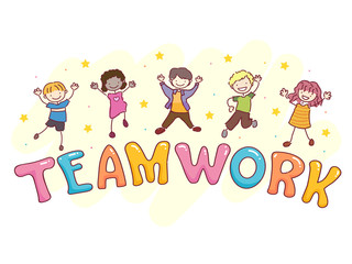 Stickman Kids Team Work Jump Illustration