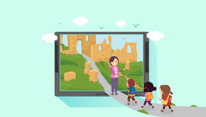 Obraz na płótnie Canvas Stickman Kids Virtual Adventure Ruins Illustration