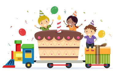 Stickman Kids Train Cake Gifts Illustration
