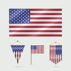 United States Flag, Pennants and US Flag on the Stand. Vector Illustration. Waved Star-Striped Flag of Various Forms