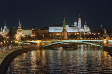 Moscow night image. The Kremlin, the Ivan the Great bell tower, the Assumption cathedral, the Arkhangelsk cathedral and the Residence of the President of the Russian Federation are in focus