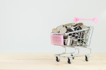 money concept mini shopping cart on wood table