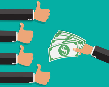 hand thump up sign  with hand holding money , Thump up like vote for banknote money paying - Vector illustration.