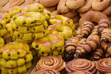 Different kinds of bread sold in the Old City of Jerusalem in Israel