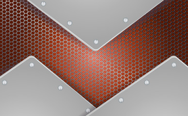 Geometrical mesh background with metal frames and bolts.