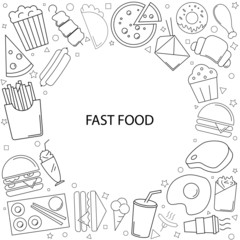 Fast food background from line icon. Linear vector pattern