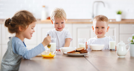 Obraz na płótnie Canvas happy funny children eating breakfast
