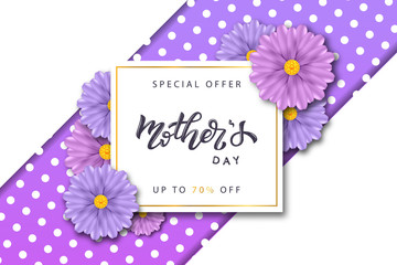 Vector realistic isolated sale poster for Mother's Day with flowers and lettering for decoration and covering on the purple background. Concept of Happy Mothers Day.