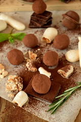 Fototapeta na wymiar Chocolate truffles sprinkled with cocoa powder and meringues