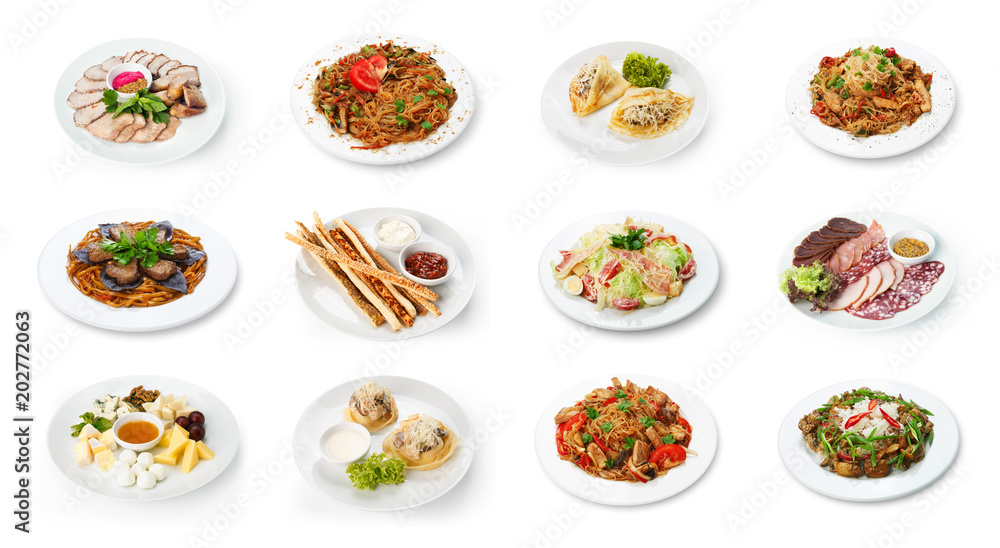 Wall mural collage of restaurant dishes isolated on white