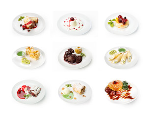 Collage of restaurant desserts isolated on white