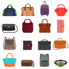 Bags and wallets color flat icons set