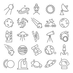 The discovery and exploration of space line icons set