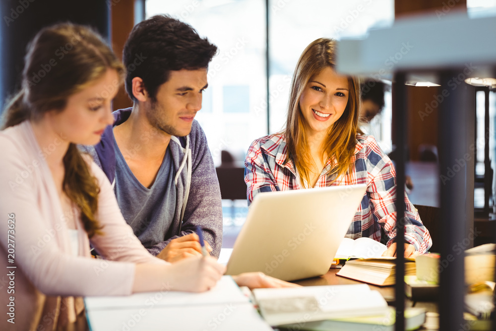 Poster Student looking at camera while studying with classmates
