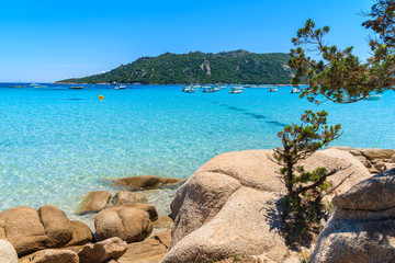 Rocks on beautiful Santa Giulia beach, Corsica island, France