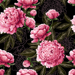 Modèle sans couture avec des pivoines roses. Illustration de mode délicate.