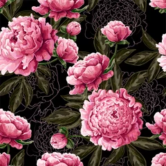 Crédence de cuisine en verre imprimé Roses Modèle sans couture avec des pivoines roses. Illustration de mode délicate.