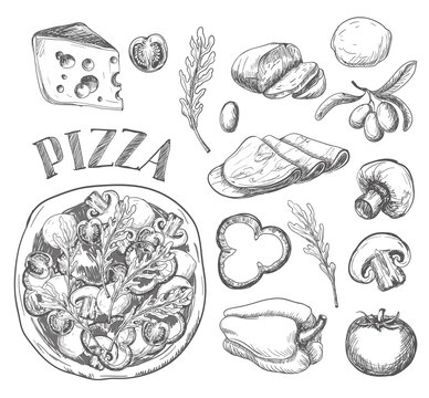 Ingredients for pizza such as olives, tomato, mushrooms, mozzarella, arugula, ham, cheese, pepper, drawn in a chalky graphic style