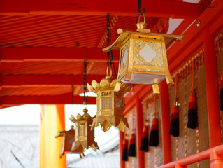Japan lamp gold in The temple. Traditional Japanese lantern.
