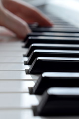 Black and white piano keys and musician's hands are playing a tune