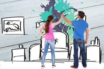 Couple painting a wall together against living room sketch with ink splash