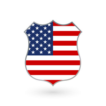 US Flag In The Shape Of A Police Badge. American Flag Icon. United States Of America National Symbol. Vector Illustration.