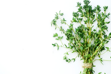Bouquet of fresh thyme twigs on white background with copy space