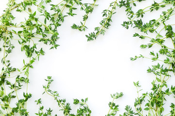 Overhead view of thyme leaves and twigs arranged in frame form with text space on white background