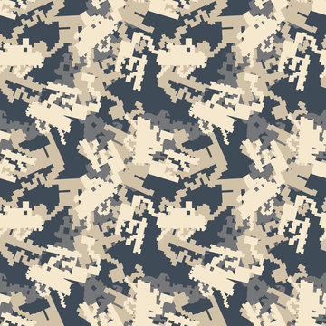 Pixel camo seamless pattern. Navy and khaki urban digital camouflage. Vector fabric textile, repeat print design, wallpaper or backdrop