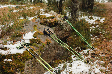 Nordic sticks lie on the stones