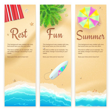 Set of summer travel banners. Tropical landscape, blue sea, gold sand, beach Mat, palm, surfboard, top view. Vertical template for summer touristic events and travel agency actions