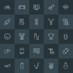 Modern Simple Set of science, sports, education Vector outline Icons. Contains such Icons as  game,  world,  skate,  lab,  soccer,  global and more on dark background. Fully Editable. Pixel Perfect.
