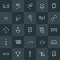Modern Simple Set of science, sports, education Vector outline Icons. Contains such Icons as  book, medal,  equipment, book,  global,  cup and more on dark background. Fully Editable. Pixel Perfect.