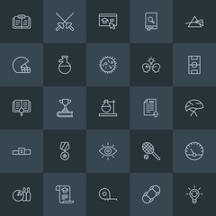 Modern Simple Set of science, sports, education Vector outline Icons. Contains such Icons as  student,  skateboard,  school, meter, sport and more on dark background. Fully Editable. Pixel Perfect.