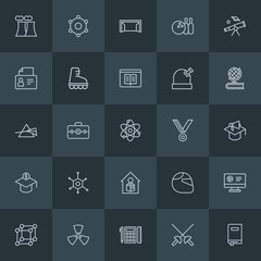 Modern Simple Set of science, sports, education Vector outline Icons. Contains such Icons as motor, education,  learn,  helmet,  financial and more on dark background. Fully Editable. Pixel Perfect.