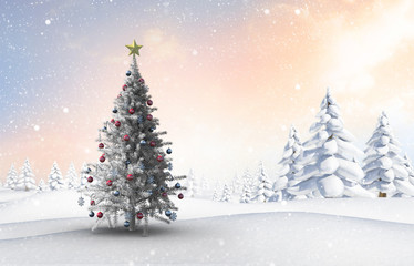 Christmas tree against snowy landscape with fir trees