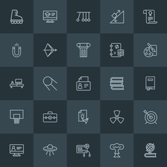 Modern Simple Set of science, sports, education Vector outline Icons. Contains such Icons as  spaceship, internet,  computer,  smoke,  space and more on dark background. Fully Editable. Pixel Perfect.