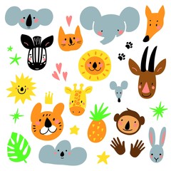 Cartoon animal heads set. Modern concept of flat design for kids cards, banners and invitations. Hand drawn vector illustration.