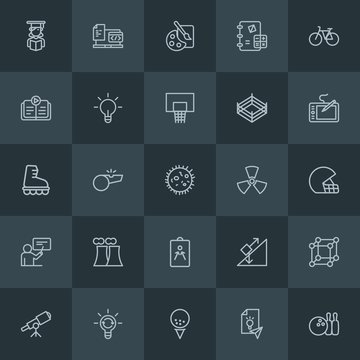 Modern Simple Set of science, sports, education Vector outline Icons. Contains such Icons as  people,  beautiful,  astronomy,  chemical, art and more on dark background. Fully Editable. Pixel Perfect.