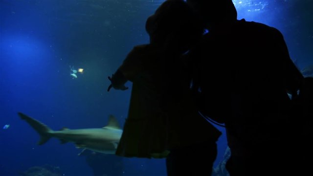 Mother and Daughter are Visiting Oceanarium on Mother's Day. They Are Having a Lot of Fun Watching For Fishes and Sharks.