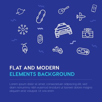 transports, valentine, kids and toys outline vector icons and elements background concept on blue background.Multipurpose use on websites, presentations, brochures and more