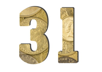 31 Number.  Shiny golden coins textures for designers. White isolate