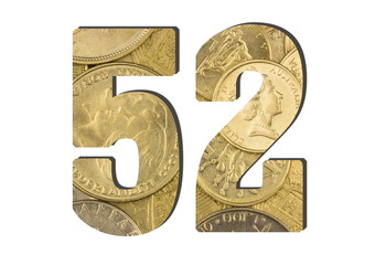 52 Number.  Shiny golden coins textures for designers. White isolate