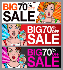 Pop Art sale banner set. Comic woman holding mobile phone in her hand. Amazed, wow, cute face, wow, makeup, wonder.  Sale, discount, special offer banner or poster.