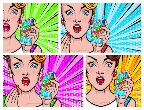Pop Art girl vector portrait set. Comic woman holding mobile phone in her hand. Amazed, wow, cute face, wow, makeup, wonder.  Sale, discount, special offer banner or poster.
